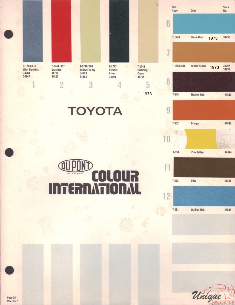 1973 Toyota International Paint Charts DuPont 8